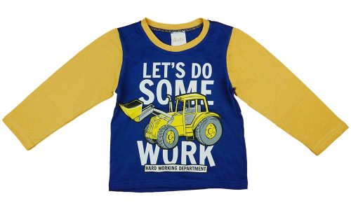 Hosszú ujjú kisfiú póló munkagépes mintával kék és sárga színben