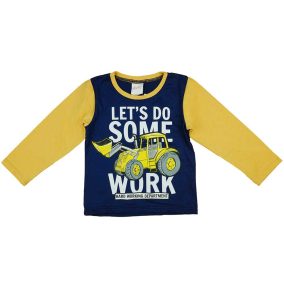 Hosszú ujjú kisfiú póló munkagépes mintával sötétkék és sárga színben