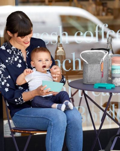 SKIP HOP Tálka kanállal védőtokban Easy Serve Teal 240 ml, 3m+