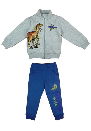 Belül bolyhos fiú szabadidő szett dinós mintával szürke és kék színben