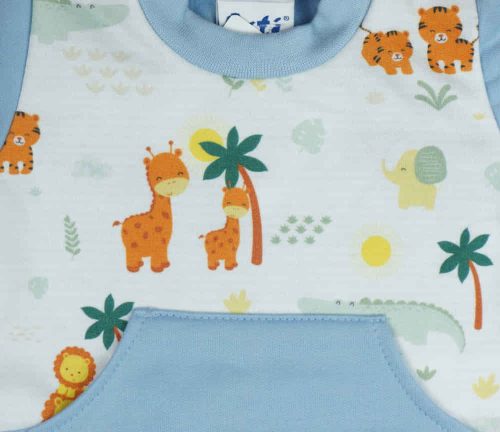 Hosszú ujjú kisfiú rugdalózó dínós mintával kék színben, zöld ujjal