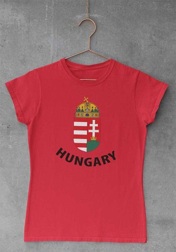 Rövid ujjú női póló magyar címerrel és Hungary felirattal