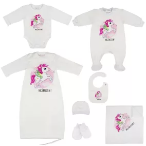   7 részes baba szett unikornis mintával "Megérkeztem" felirattal