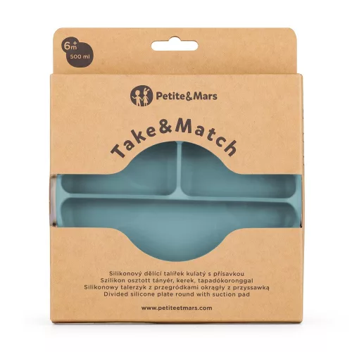 PETITE&MARS Szilikon osztott kerek tányér Take&Match Frosted Sky 6m+