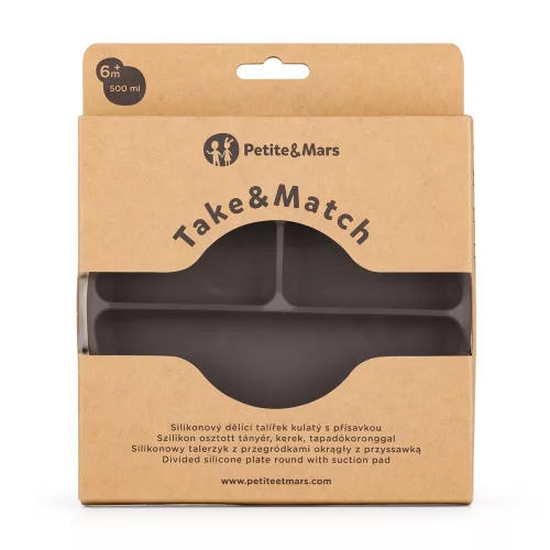 PETITE&MARS Szilikon osztott tányér kerek Take&Match Bitter Cocoa 6m+