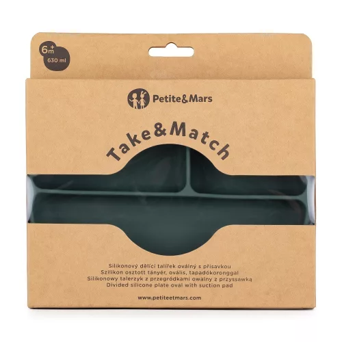 PETITE&MARS Szilikon osztott tányér, ovális Take&Match Misty Green 6m+