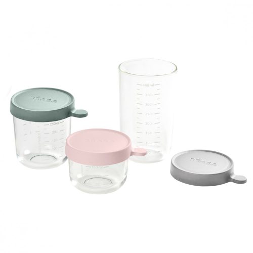 Béaba Üveg tároló doboz szett 3 db - 150 ml Rózsaszín - 250 ml Eukaliptusz - 400 ml Halvány köd -