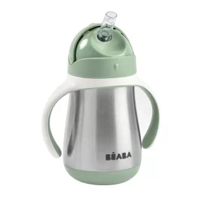   Béaba Rozsdamentes Acél Szívószálas Ivópohár 250 ml - Zsályazöld