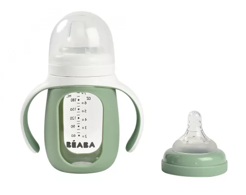 Béaba 2 az 1-ben Tanuló cumisüveg 210 ml + Szilikon borítással - Zsályazöld