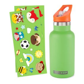   SKIP HOP Fľaša s nálepkami so slamkovým náustkom nerezová zelená 380 ml, 4r+