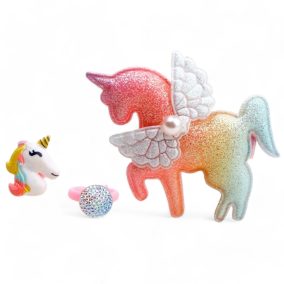   Ékszer készlet, unikornis forma, hintó forma tartóban, 12x14 cm dob.