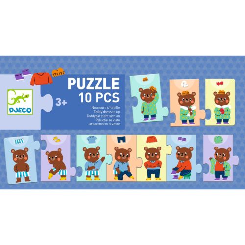 Djeco Sorozatkirakó puzzle - Mackó öltözködik, 10 db-os - Teddy dresses up