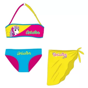   Unikornis fürdőruha szett - bikini+szoknya kislányoknak - pink-türkizkék-sárga - 104