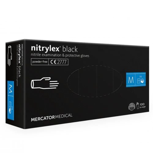 Gumikesztyű Mercator Nitrylex Nitril Púder Nélküli, Fekete "M" 100Db/Doboz, 10Doboz/Karton