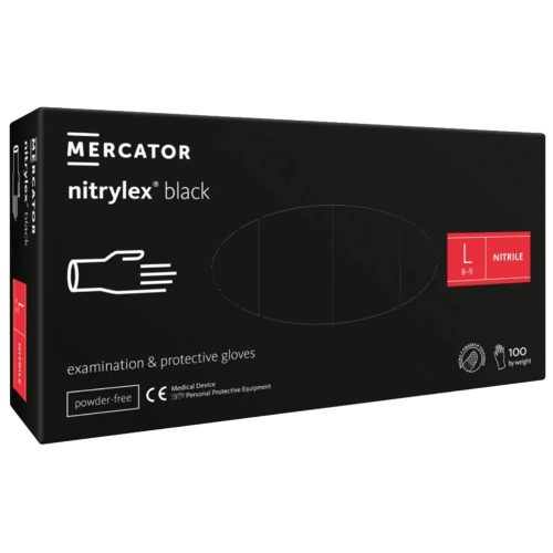 Gumikesztyű Mercator Nitrylex Nitril Púder Nélküli, Fekete "L" 100Db/Doboz, 10Doboz/Karton