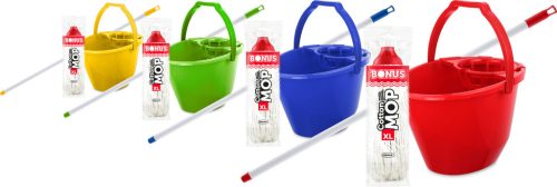 Bonus Felmosó Szett-Vödör Sárga 11L  Csavaró Kosár, Felmosó Nyél 120Cm Cottonmop 190Gr