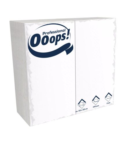Ooops! Szalvéta 33X33Cm, 2R., 1/8 Hajtás,  Fehér, 100 Lap/Csg, 20Csg/Karton, 42Karton/Raklap
