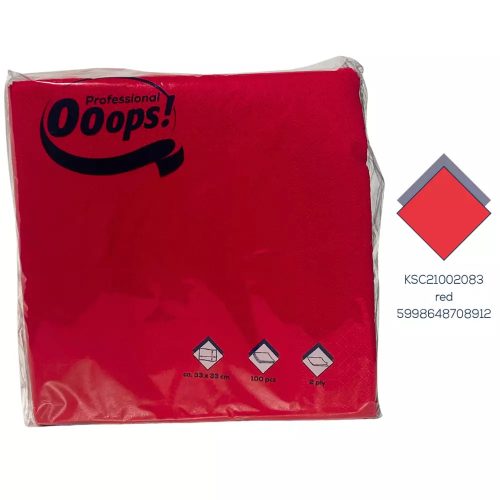 Ooops! Szalvéta 33X33Cm, 2R., 1/4 Hajtás,  Piros, 100 Lap/Csg, 20Csg/Karton, 42Karton/Raklap