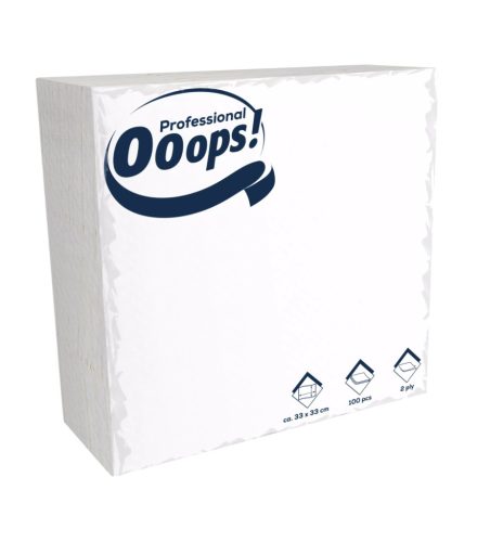 Ooops! Szalvéta 33X33Cm, 2R., 1/4 Hajtás,  Fehér, 100 Lap/Csg, 20Csg/Karton, 36Karton/Raklap
