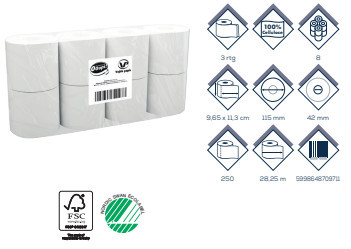 Ooops! Toalettpapír Kistekercses 3R., Hófehér, 250Lap/Tek, 8Tek/Csg, 7Csg/Karton, 30Karton/Raklap