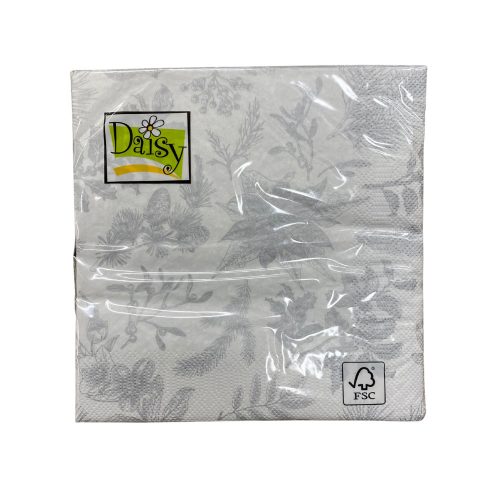 Daisy Karácsonyi Szalvéta 3 Rétegű, 33X33Cm, 1/4 Hajtás, 20Db/Csg (24Csg/Karton) Fehér, Ezüst Mintázattal