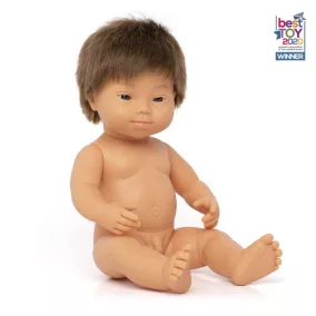   Miniland Down-szindrómás baba - fiú, hajas, fürdethető, 38 cm 10 hó+