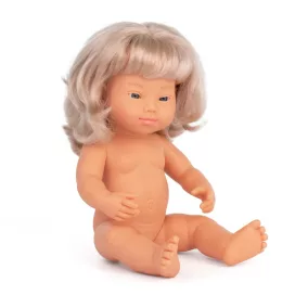   Miniland Down-szindrómás baba - lány, hajas, fürdethető, 38 cm 10 hó+