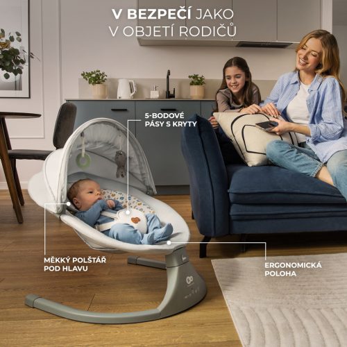 KINDERKRAFT Pihenőszék hintával és dallammal 2 az 1-ben Lumi, 9 kg-ig, Premium Light Grey
