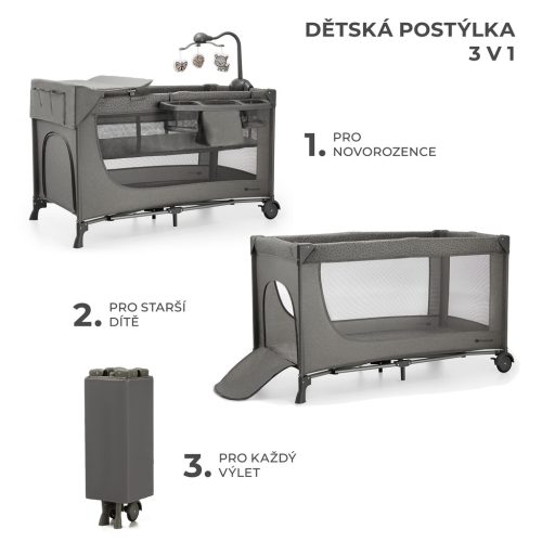 KINDERKRAFT Utazóágy Joy 2 kiegészítőkkel Dark grey