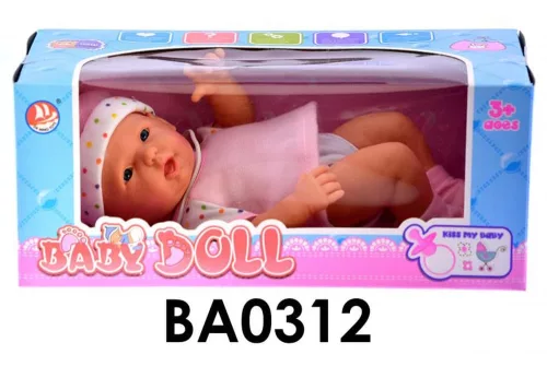 Kemény testű, 24 cm-es fiú baba, hagyományos kivitelben.