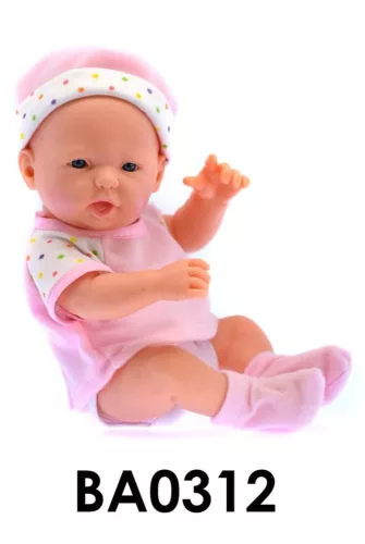 Kemény testű, 24 cm-es fiú baba, hagyományos kivitelben.