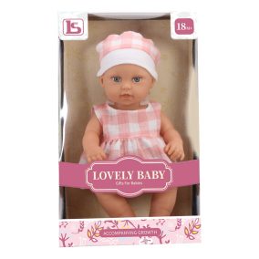   Baba hagyományos csecsemő, üvegszemű, 19x32 cm, dobozban.