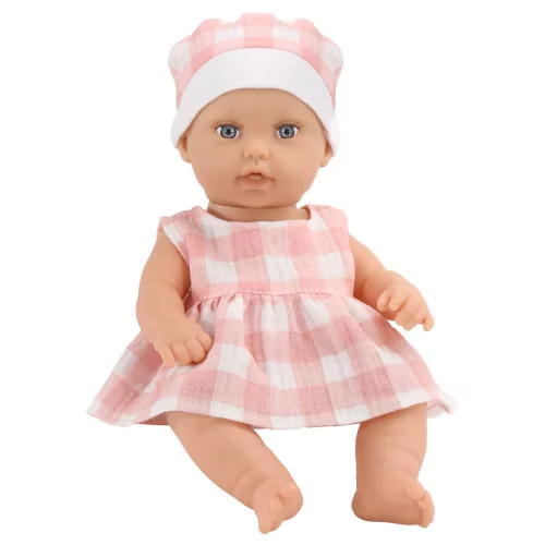 Baba hagyományos csecsemő, üvegszemű, 19x32 cm, dobozban.