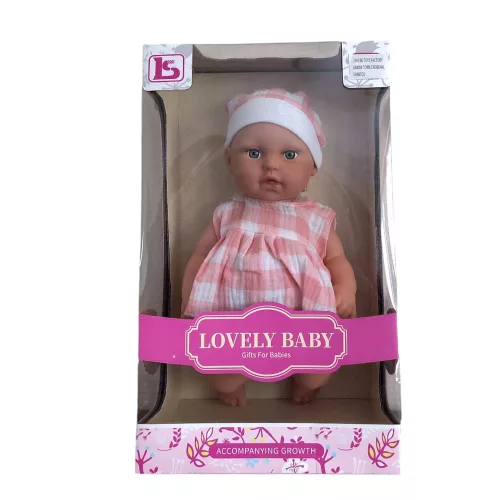 Baba hagyományos csecsemő, üvegszemű, 19x32 cm, dobozban.