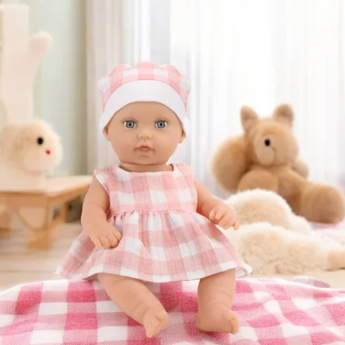 Baba hagyományos csecsemő, üvegszemű, 19x32 cm, dobozban.