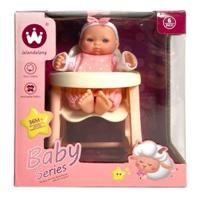   Baba klt., hagyományos, csecsemő, üvegszemű,  + etetőszék, 15x15 cm dob.