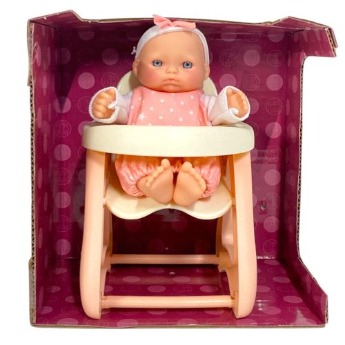 Baba klt., hagyományos, csecsemő, üvegszemű,  + etetőszék, 15x15 cm dob.