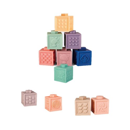 12 darabos tapintásfejlesztő kocka szett babáknak és gyerekeknek.