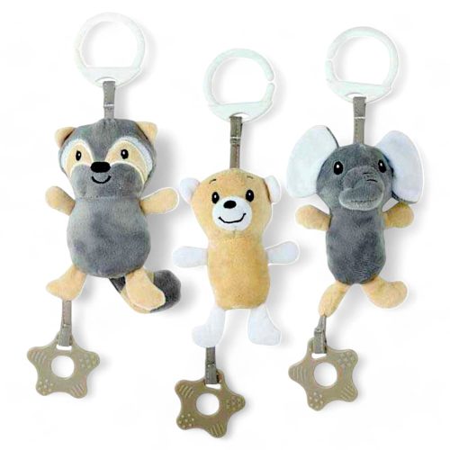 Bébi plüss állat, csörgő+rágóka, akasztó, velúr, 3 féle, 13x19 cm lapon