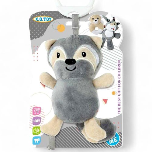 Bébi plüss állat, csörgő+rágóka, akasztó, velúr, 3 féle, 13x19 cm lapon