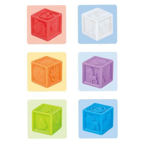Tapintás fejlesztő kocka klt., csipogós, számos, vinyl, 9 db, 20x20 cm dob.
