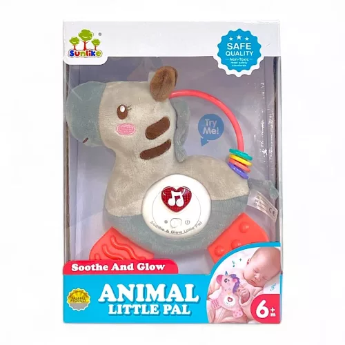 Zenélő bébi játék, el., hang+váltófény, plüss Zebra, ló, rágóka, 18x25 cm dob. Gombel.