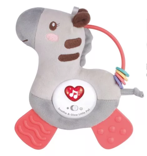 Zenélő bébi játék, el., hang+váltófény, plüss Zebra, ló, rágóka, 18x25 cm dob. Gombel.