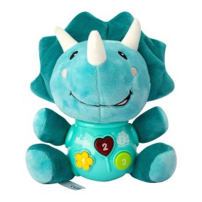   Zenélő bébi játék, el., hang+fény, plüss dínó, 19x24 cm dob.