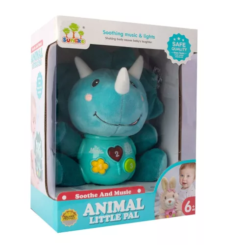 Zenélő bébi játék, el., hang+fény, plüss dínó, 19x24 cm dob.