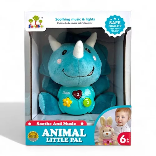 Zenélő bébi játék, el., hang+fény, plüss dínó, 19x24 cm dob.