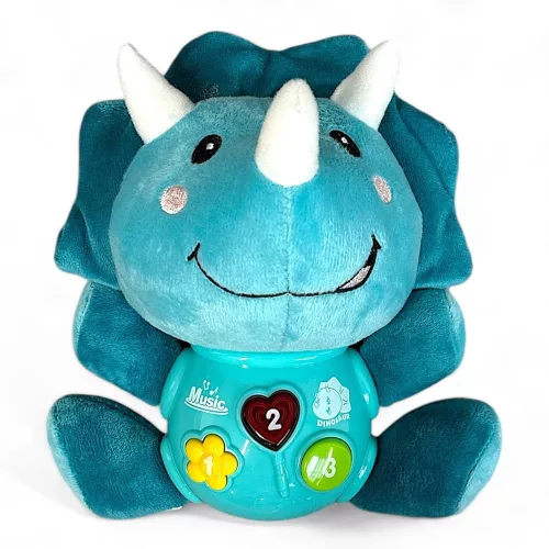 Zenélő bébi játék, el., hang+fény, plüss dínó, 19x24 cm dob.