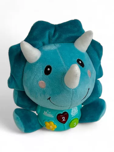 Zenélő bébi játék, el., hang+fény, plüss dínó, 19x24 cm dob.