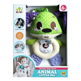   Zenélő bébi játék, el., hang+fény, plüss kutya, rágóka, akasztó, 22x30 cm dob. Gombel.