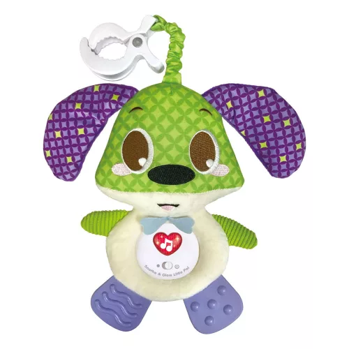 Zenélő bébi játék, el., hang+fény, plüss kutya, rágóka, akasztó, 22x30 cm dob. Gombel.